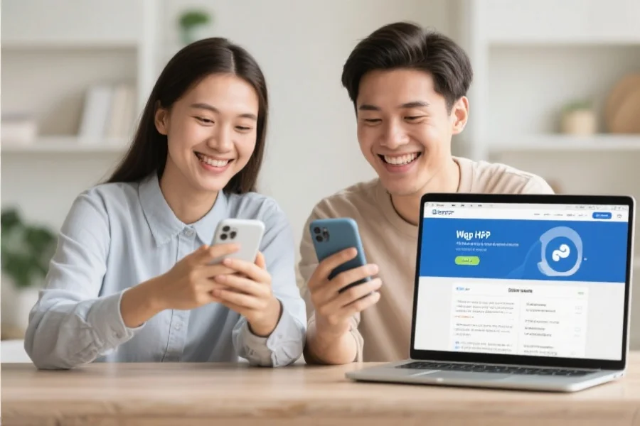 两名用户分别在手机上使用APP和在笔记本电脑上访问网页H5版，面带微笑对比体验